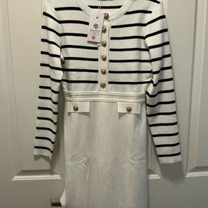 MEROKEETY White Dress with Black Stripes, Long Sleeves and Gold Buttons NWTs